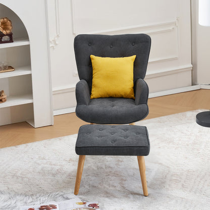 Grey Tufted Armchair with Cushion and Footstool