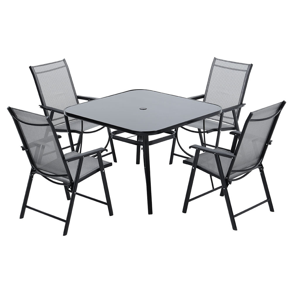 Set of 5 Garden 105CM Patio Glass Umbrella Rectangle Table and Folding Chairs Set