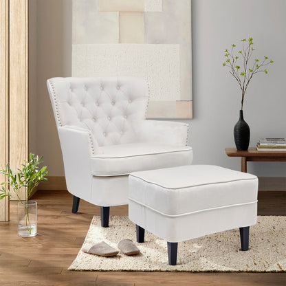 Beige Tufted Velvet Accent Armchair and Ottoman Set