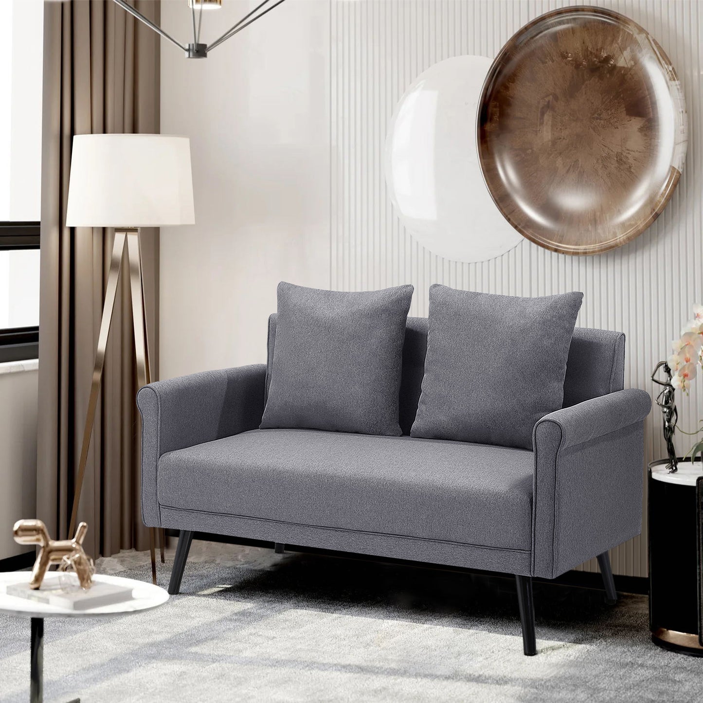 Grey Upholstered Loveseat with Rolled Arms