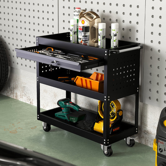 3 Tier Rolling Tool Cart with Lockable Drawer