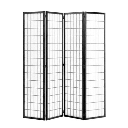 Black 4 Panel Solid Wood Folding Room Divider Privacy Screen