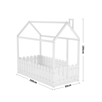 Wooden House Toddler Bed with Fence and Roof