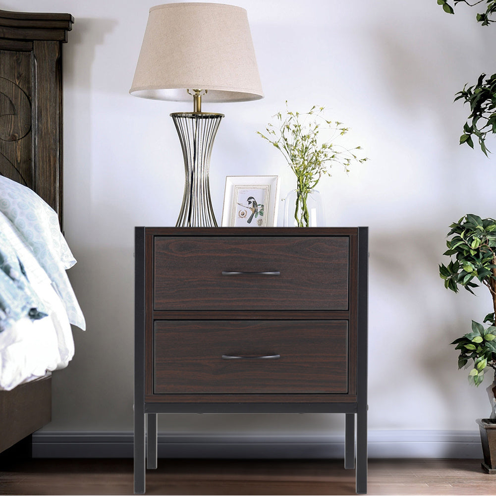 Dark Brown Retro Style Wooden Bedside Cabinet with 2 Drawers