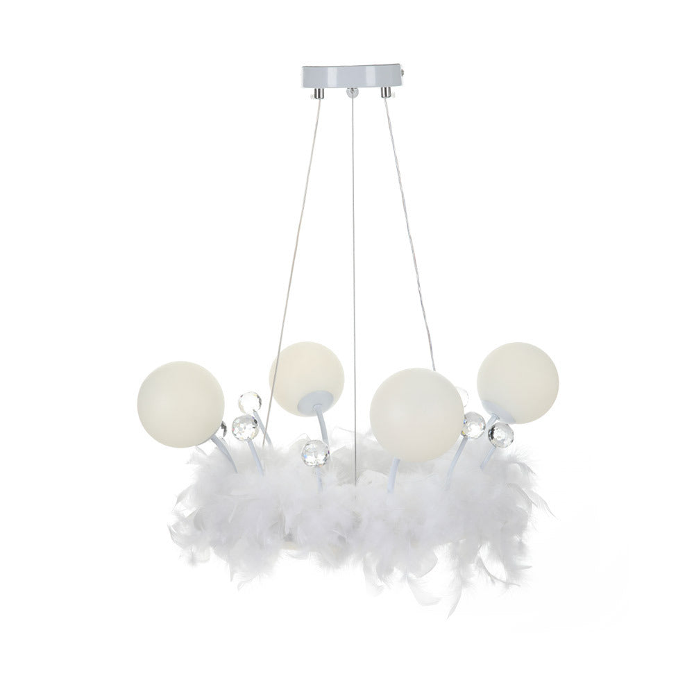 White Feather LED Pendant Light with Crystal Balls