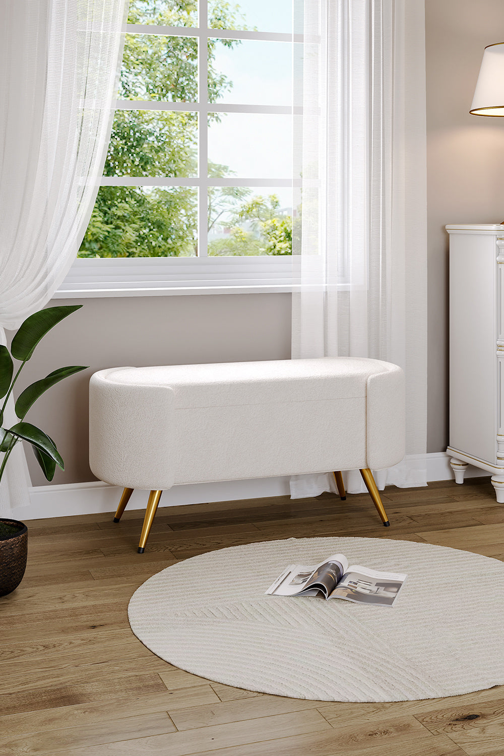 White 100cm W Luxurious Upholstered Accent Bench with Golden Legs