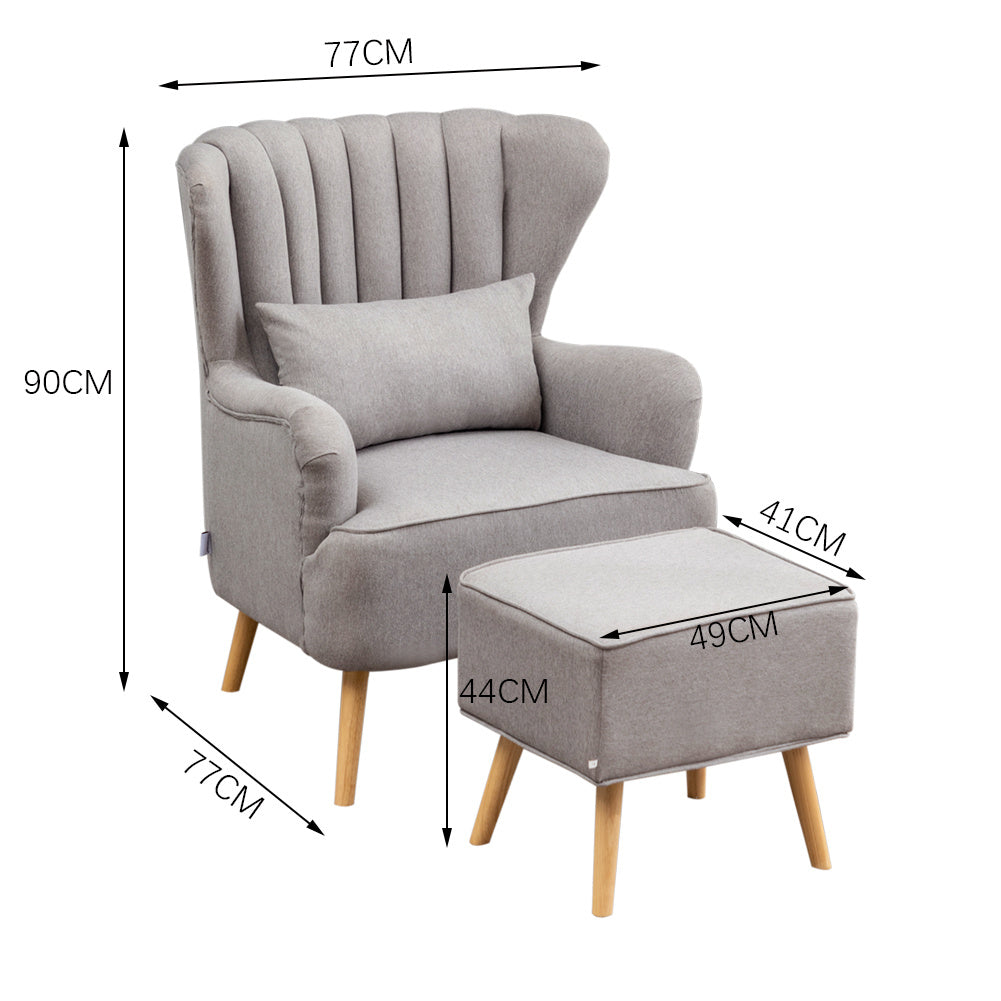 Grey Linen Armchair with Footstool and Pillow