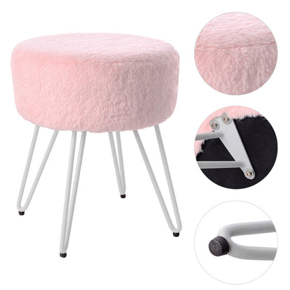 35CM Round Fluffy Velvet Dressing Table Stool Wire Legs Pink