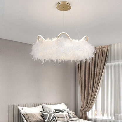 White and Gold Feather LED Pendant White Light