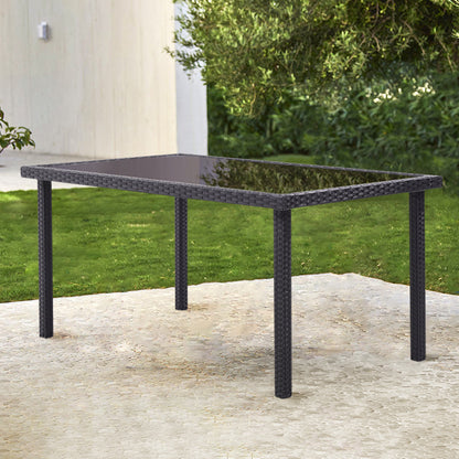 150CM Patio Garden Rectangle Rattan Frame Glass Top Table Black