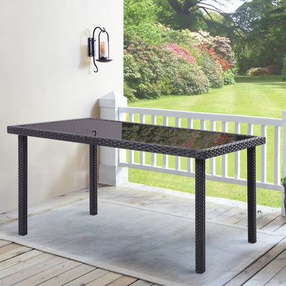 150CM Patio Garden Rectangle Rattan Frame Glass Top Table Black