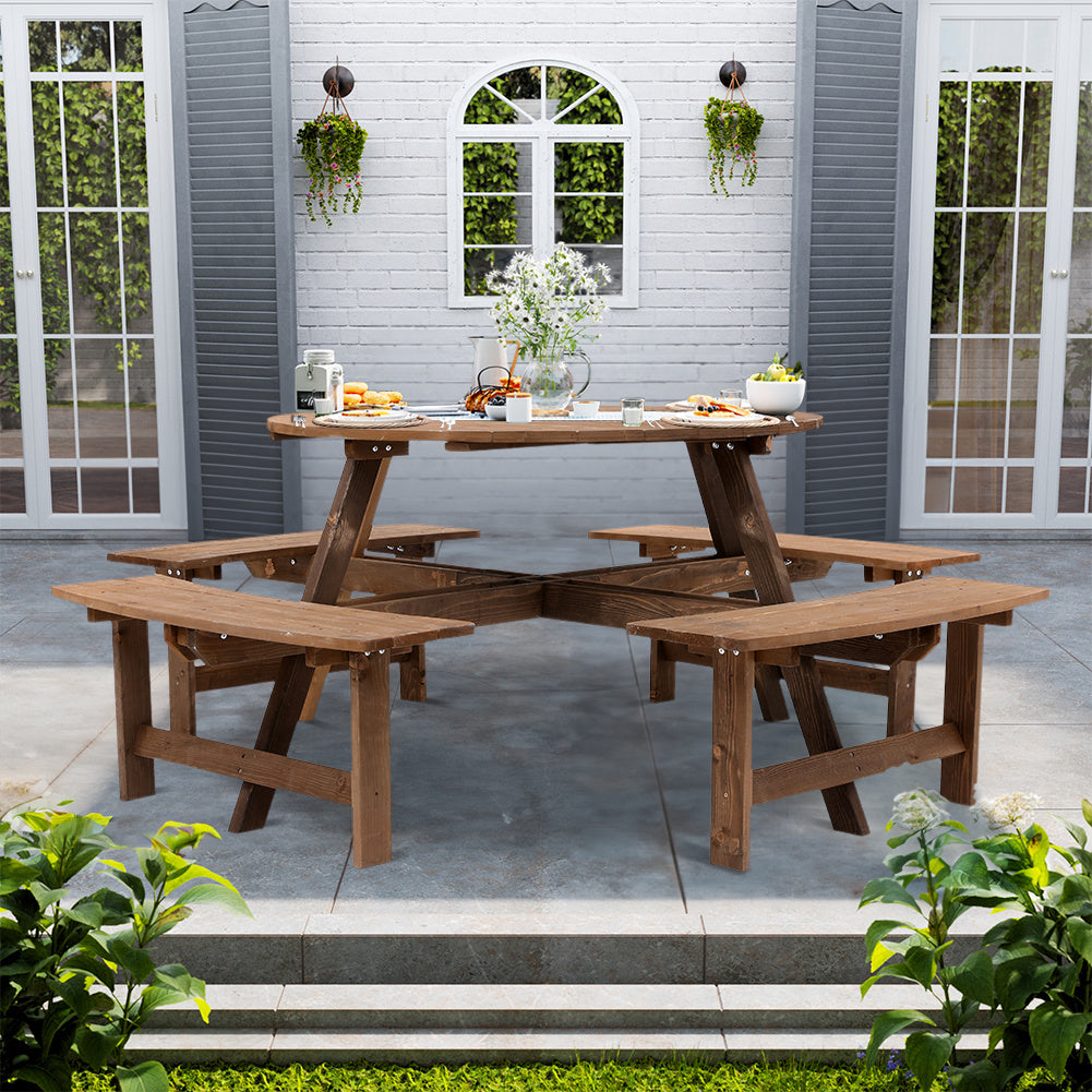 8 Person Round Wood Picnic Table and Bench Set