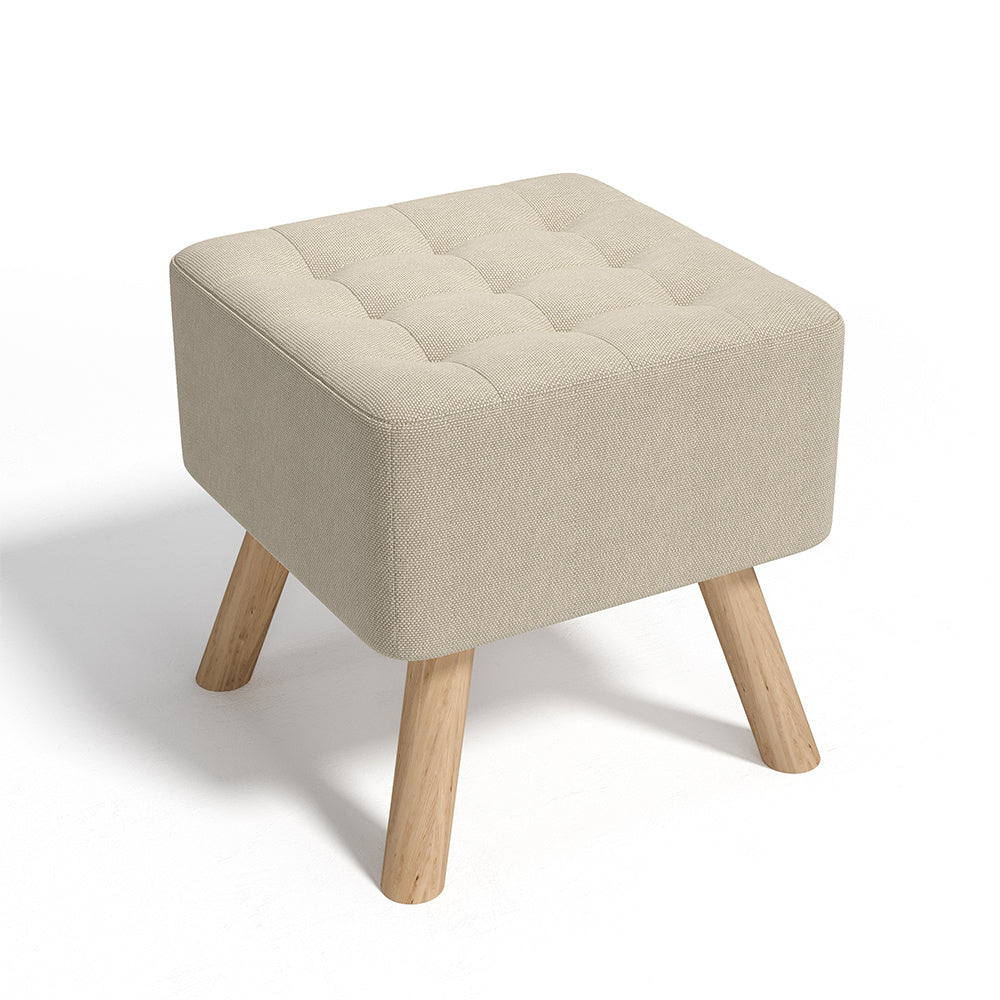 Beige Square Linen Upholstered Footstool with Wooden Legs