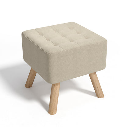 Beige Square Linen Upholstered Footstool with Wooden Legs