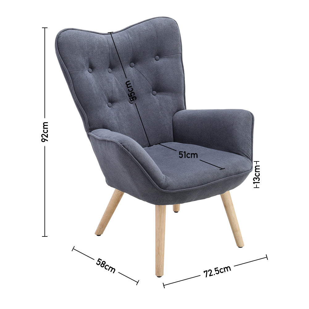 Grey Linen Buttoned Armchair with Wood Legs
