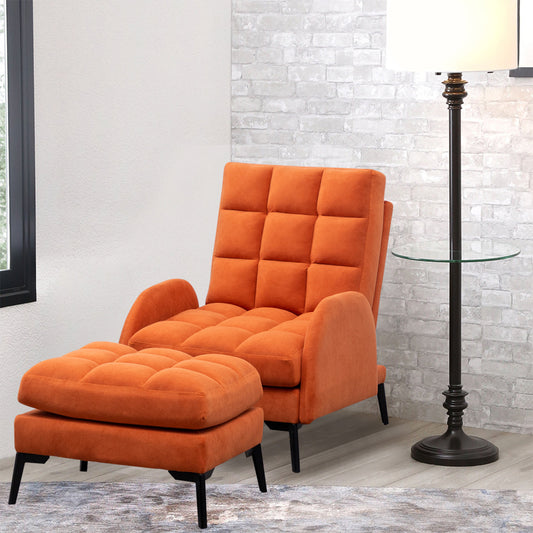 Orange Leisure Velvet Recliner Armchair with Footstool