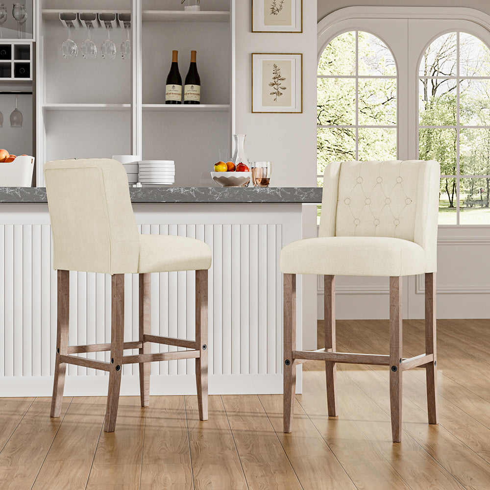 Rustic Set of 2 Bar Stools Linen Tufted with Wood Legs