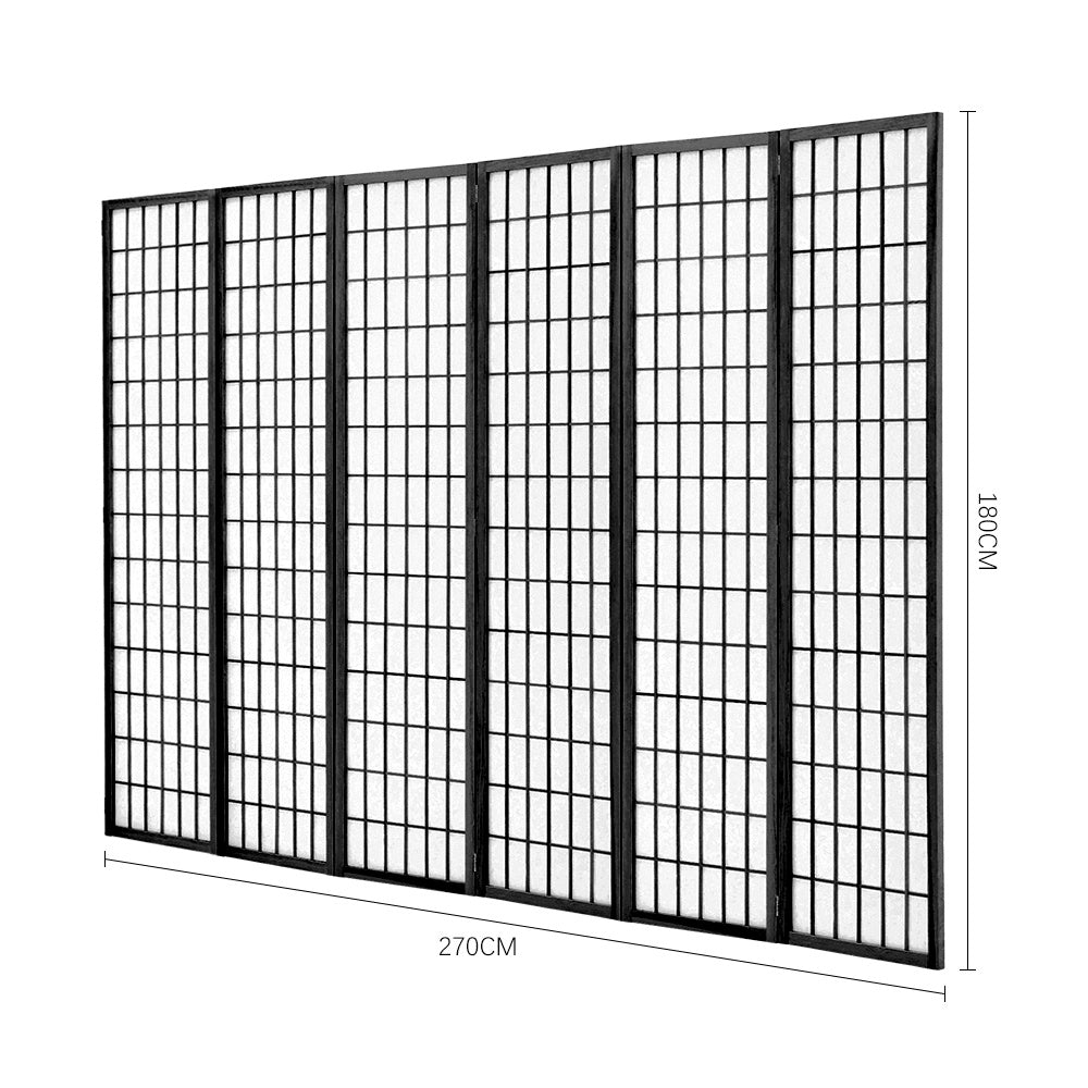 Black 6 Panel Solid Wood Folding Room Divider Privacy Screen