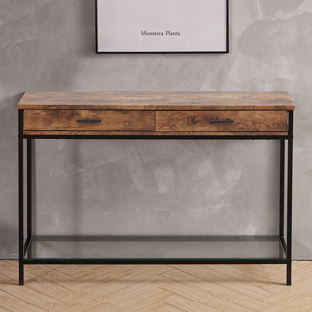 Rustic Brown Drawer Console with Glass Shelf