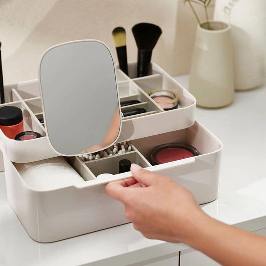 Off White Makeup Cosmetic Organizer with Mirror