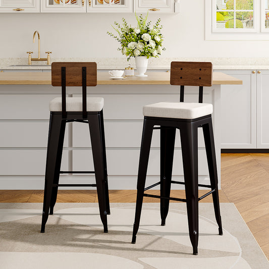 Two pieces of white metal breakfast bar stools with backrests and cushions