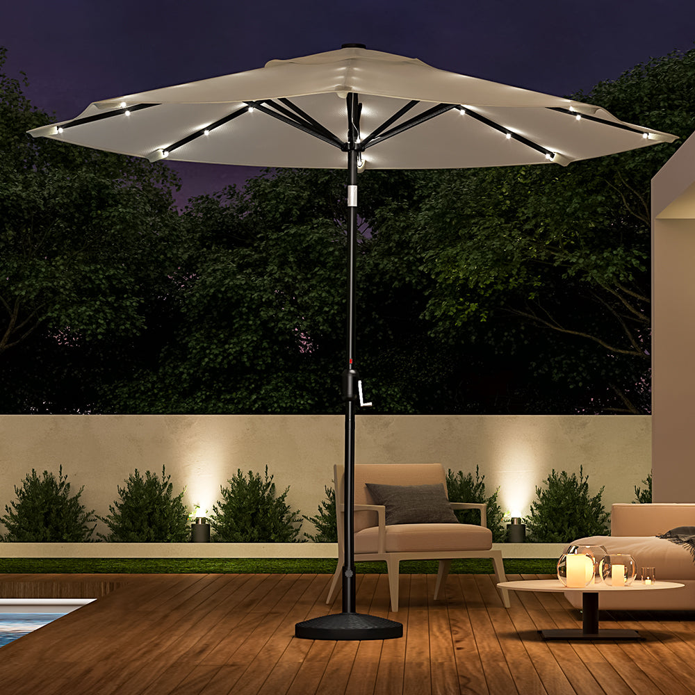 3M Large Garden LED Parasol Outdoor Beach Umbrella with Light Sun Shade Crank Tilt with 14KG Round Base, Beige