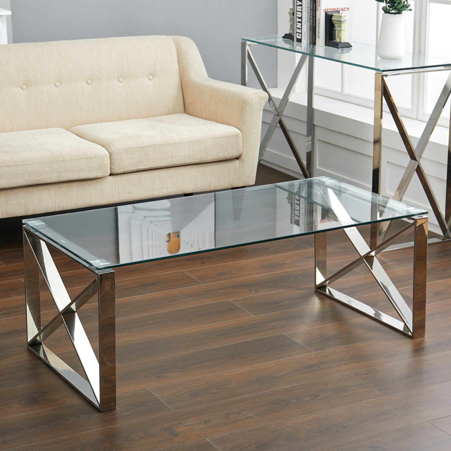 Contemporary 120x60 cm Rectangular Tempered Glass Coffee Table with Chrome Base