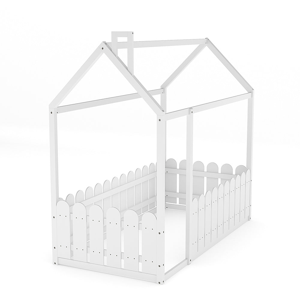 Wooden House Toddler Bed with Fence and Roof