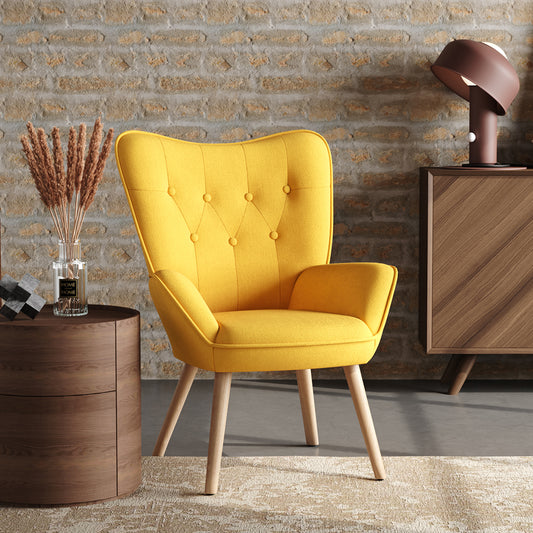 Yellow Linen Buttoned Armchair with Wood Legs