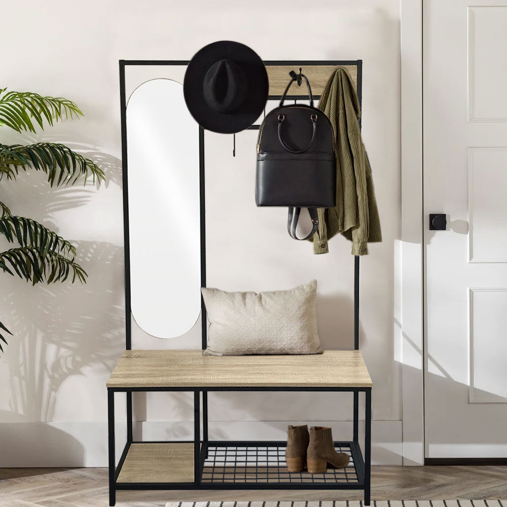 Coat Rack with Shoe Bench and Mirror