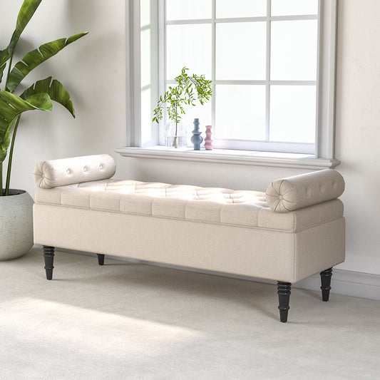 Beige Flip Top Storage Bench with Side Arms