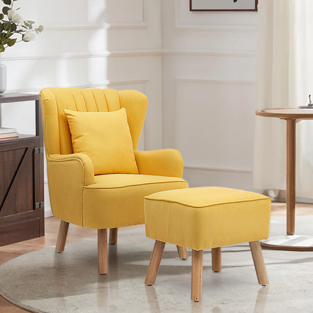 Yellow Upholstered Wingback Armchair and Footstool Set