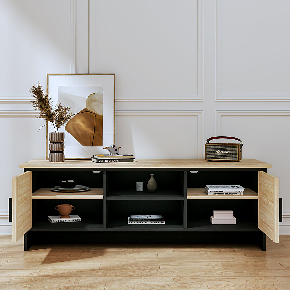 Beige Modern TV Stand Wooden Storage Cabinet with Rattan Doors