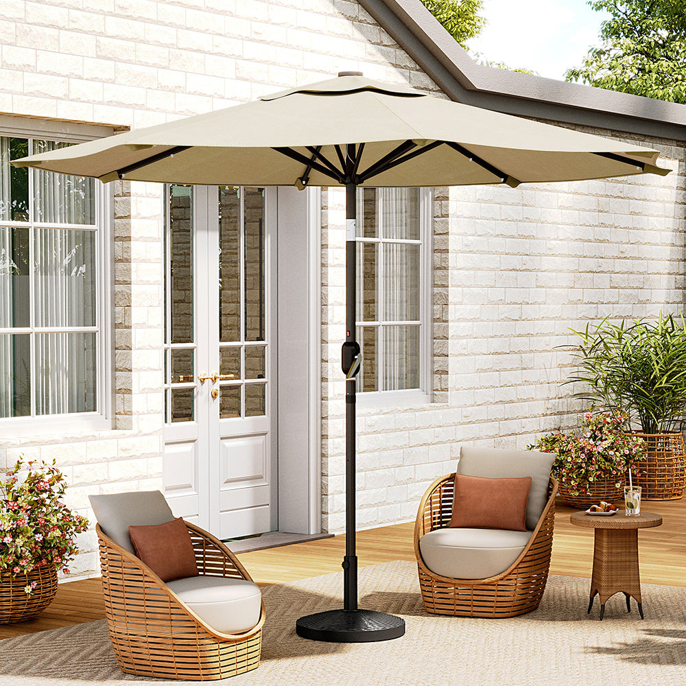 3M Large Garden LED Parasol Outdoor Beach Umbrella with Light Sun Shade Crank Tilt with 14KG Round Base, Beige