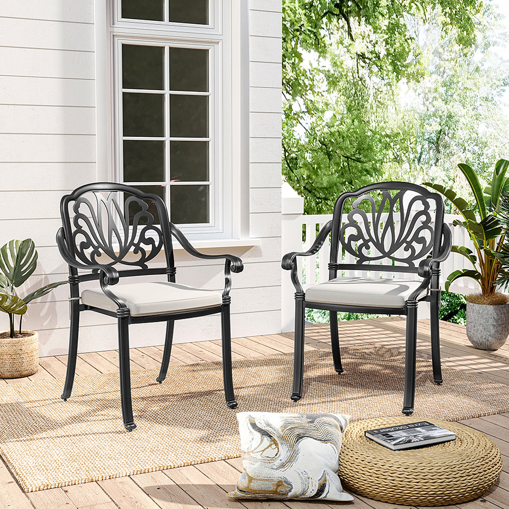 Black Set of 2 Outdoor Cast Aluminum Dining Chairs with Cushions