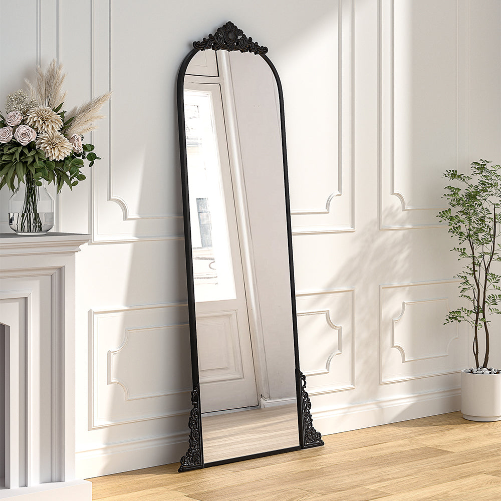 Vintage Black Carved Arched Mirror