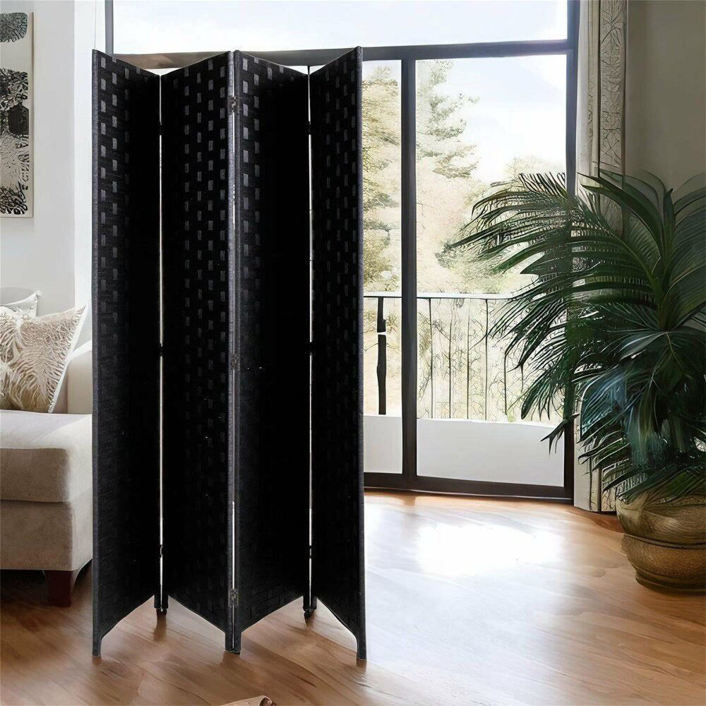 Black Woven Fiber 4 Panel Folding Room Divider