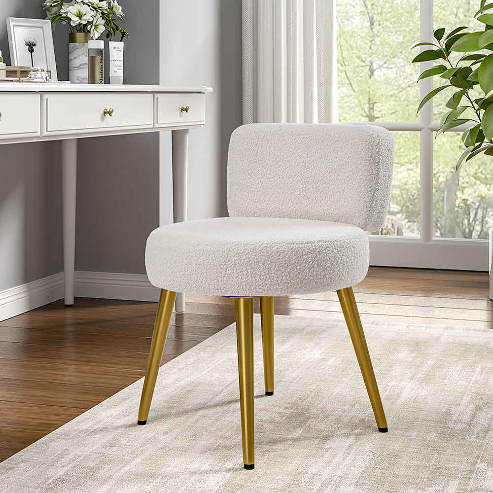 Cream Faux Fur Vanity Stool Chair with Metal Legs