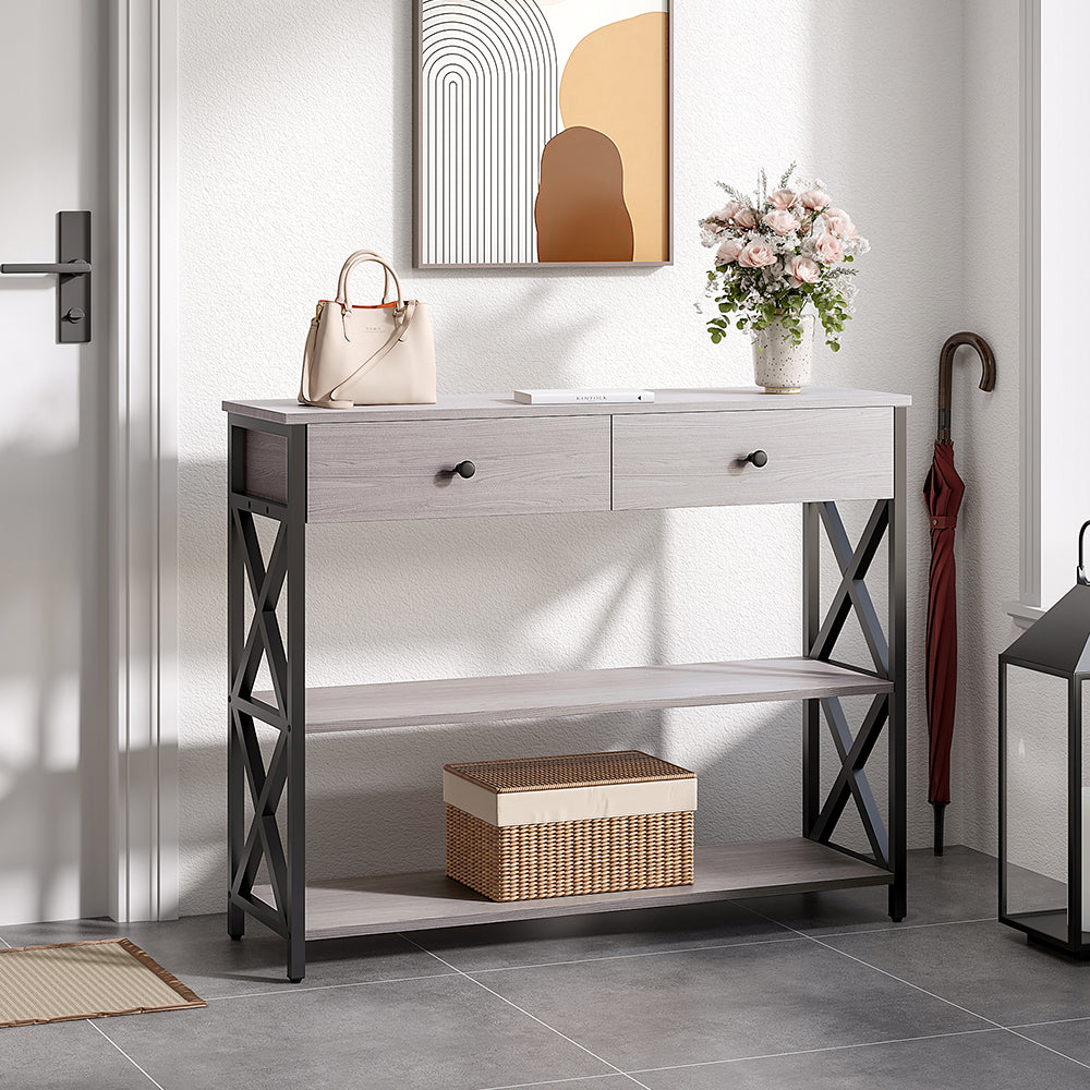 Grey Narrow Wooden Console Table with Drawers