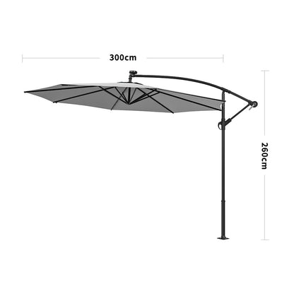 3M Large Garden Hanging LED Parasol Cantilever Sun Shade Banana Umbrella No Base, Light Grey