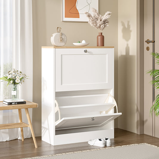 White Wooden 2 Drawer Flip Down Shoe Cabinet