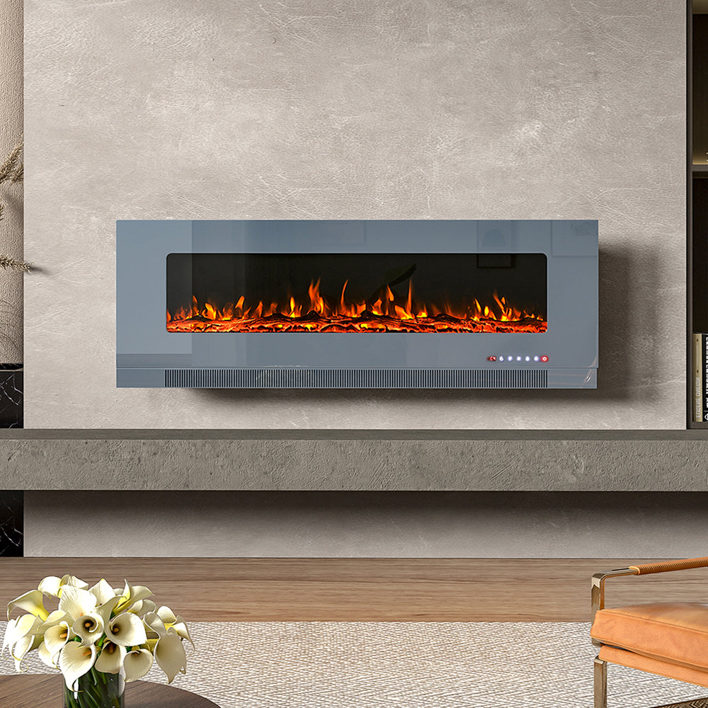 50-inch Grey  LED electric fireplace mounted on the wall with 12 flames