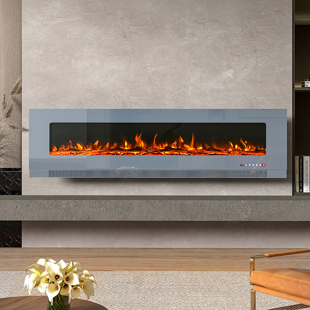 72 Inch LED electric fireplace mounted on the wall with 12 different flame colors