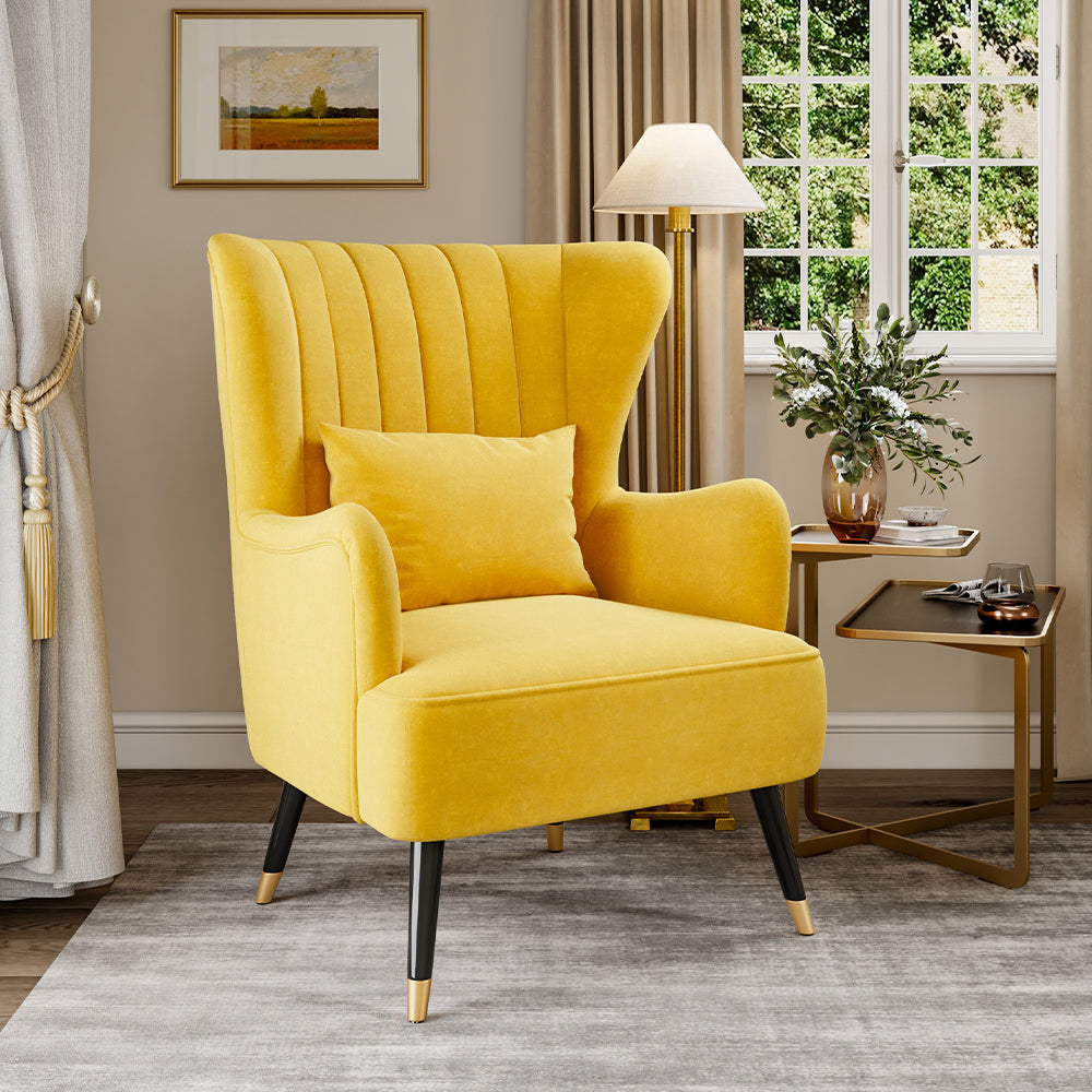 Occasion Velvet Wingback Armchair with Lumbar Pillow Yellow