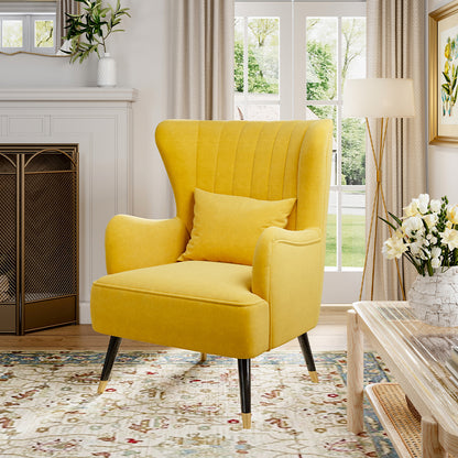 Occasion Velvet Wingback Armchair with Lumbar Pillow Yellow