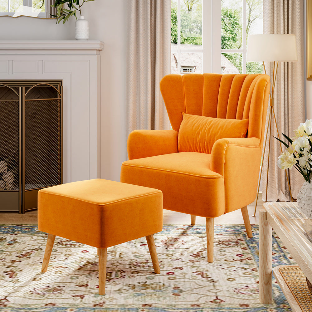 Frosted Velvet Wingback Armchair with Footstool and Lumbar Pillow Orange