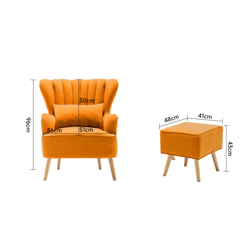 Frosted Velvet Wingback Armchair with Footstool and Lumbar Pillow Orange