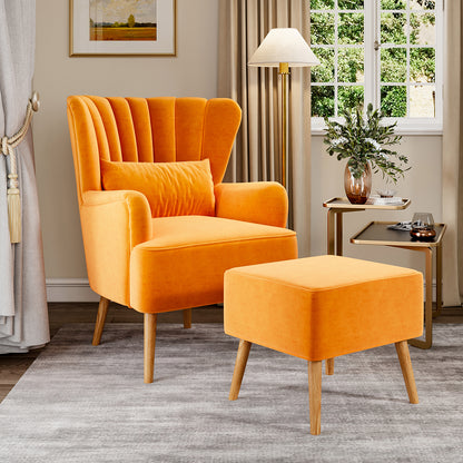 Frosted Velvet Wingback Armchair with Footstool and Lumbar Pillow Orange