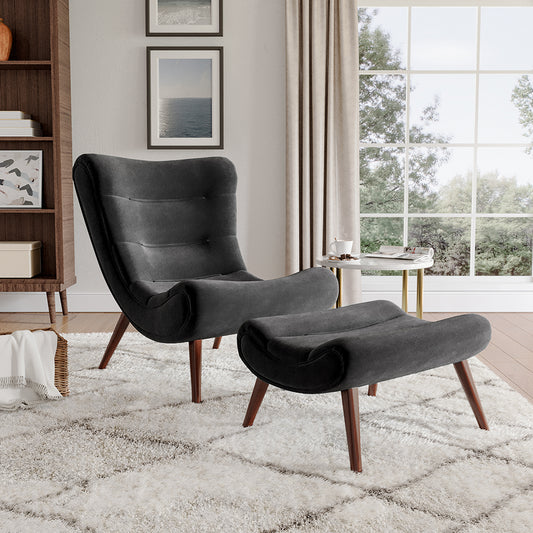 Black Curved Velvet Lounge Chair with Footstool