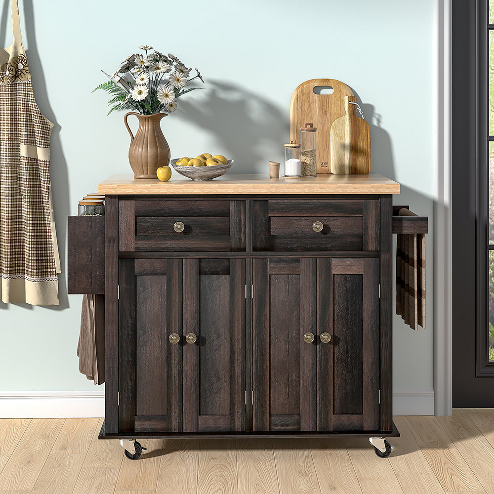 Wooden Kitchen Island Cart with Storage Cabinets